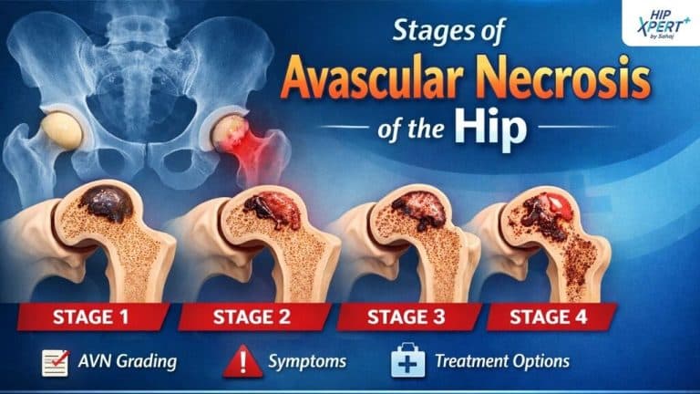 Stages of avascular necrosis (AVN) of the hip showing progression from Stage 1 to Stage 4 with bone damage and collapse, along with grading, symptoms, and treatment overview.