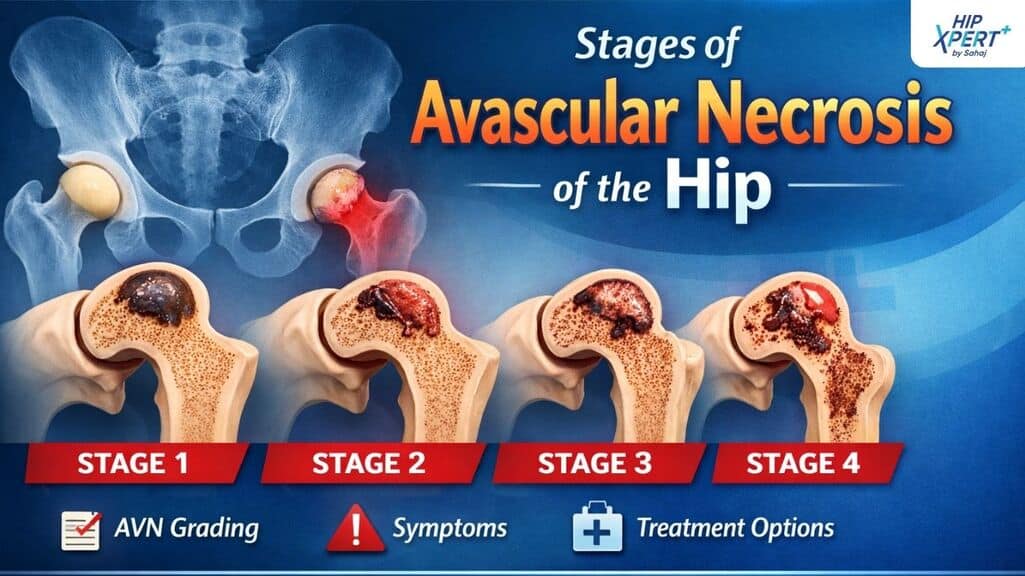 Stages of avascular necrosis (AVN) of the hip showing progression from Stage 1 to Stage 4 with bone damage and collapse, along with grading, symptoms, and treatment overview.