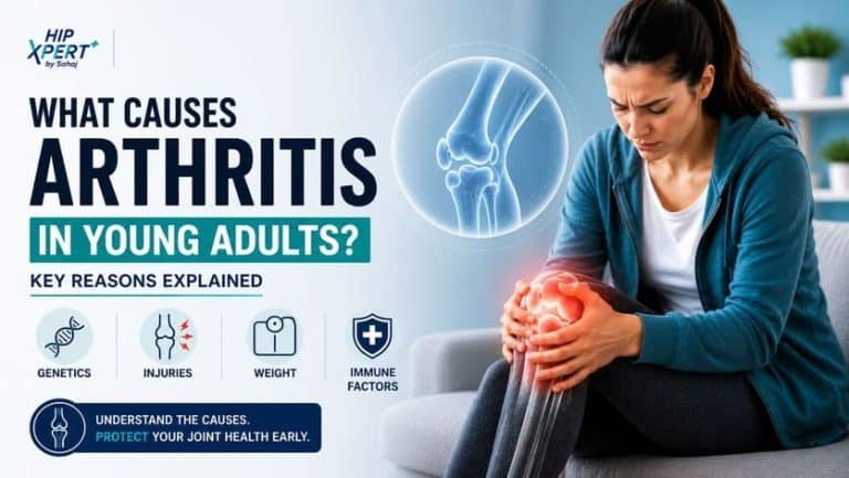 Young woman holding her painful knee with infographic showing causes of arthritis in young adults