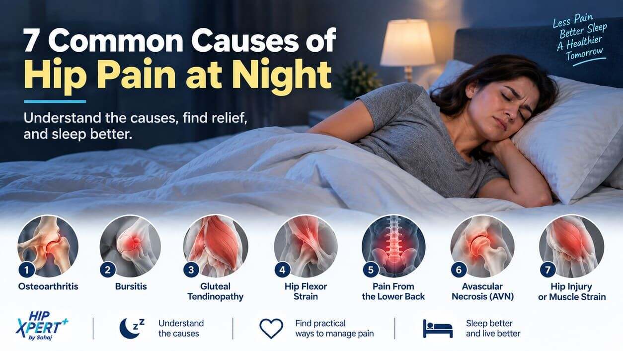 illustrating 7 common causes of hip pain including osteoarthritis, bursitis, AVN, and muscle or tendon problems.