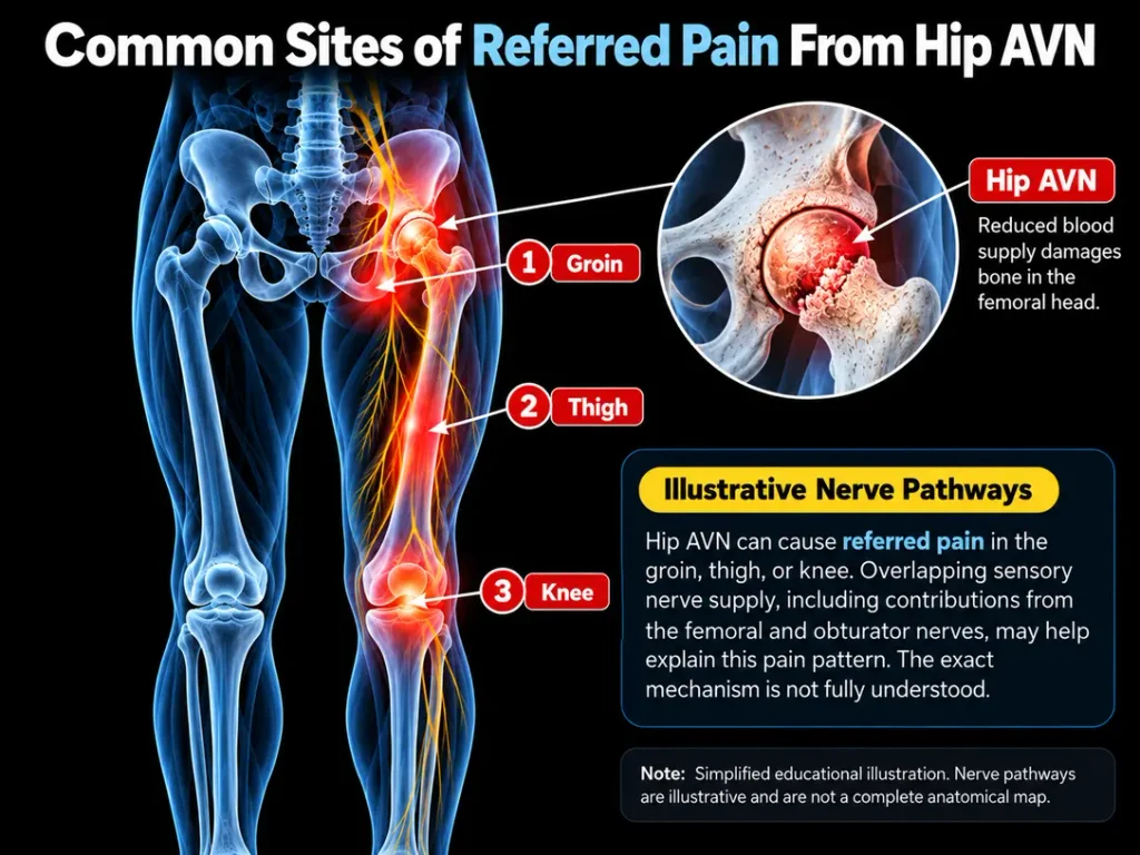 Illustration of referred pain from hip AVN affecting the groin, thigh, and knee